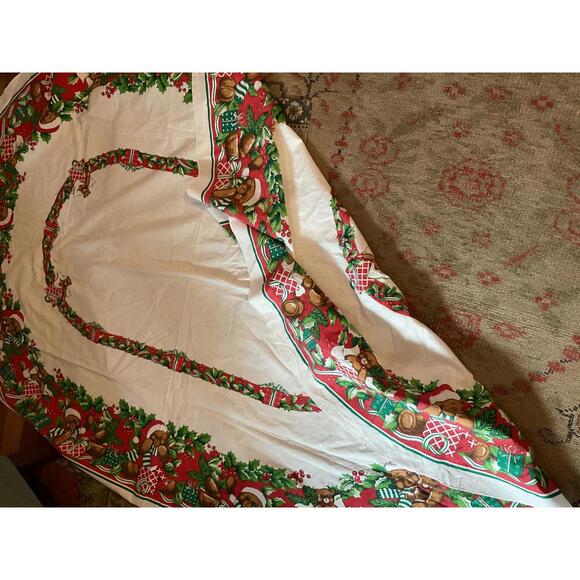 Festive Vintage Holiday Tablecloth with Christmas Bears and Holly Design - Picture 5 of 6